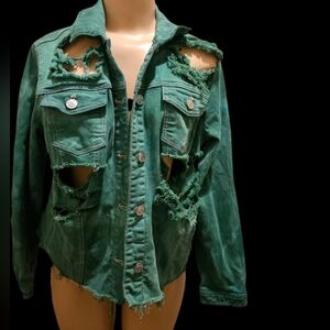 Custom Distressed Green Chico’s Denim Jacket Sz. 1
